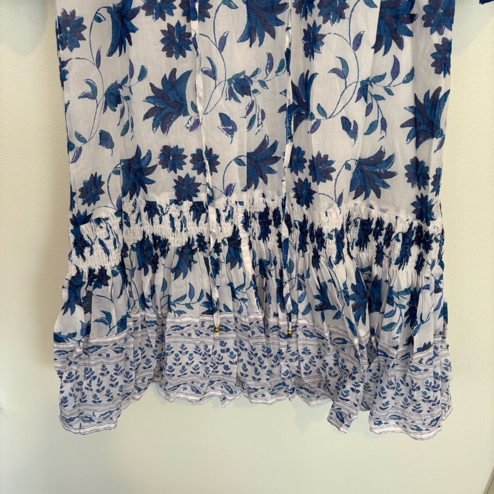 OLIPHANT‎ || Smocked Drop Mini Dress in Marion Blue Block Print Floral White S - Picture 4 of 10